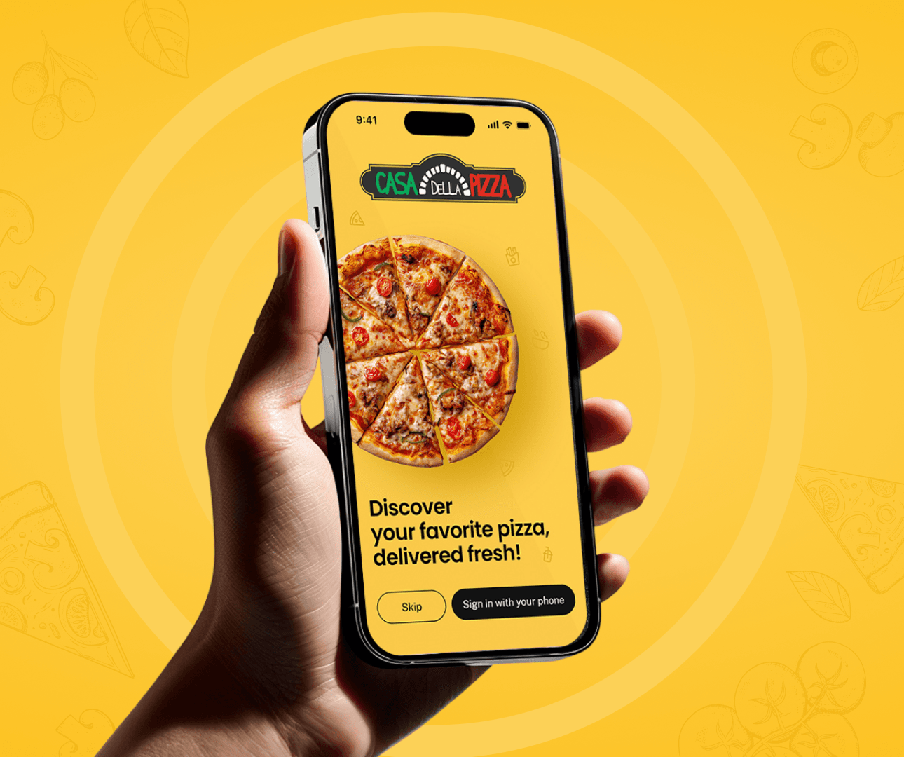 Mobile phone showing a pizza ordering app interface.