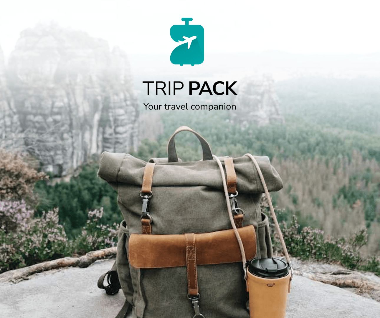 Backpack resting on a rock with mountains in the background.